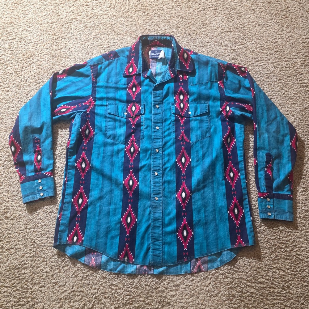 Wrangler Western Shirt Mens XL Teal Blue Southwestern Pearl Snap Geometric USA